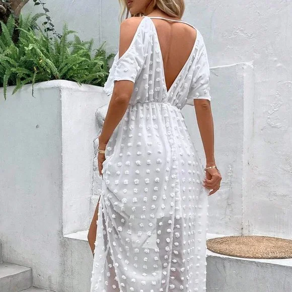 White Boho Womens Swiss Dot Cold Shoulder Split Thigh Dress - Picture 2 of 5